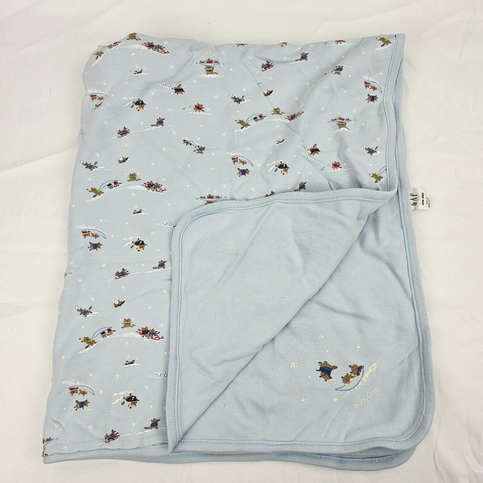 Vintage 2000 Baby Gap Blue Winter Snow Raccoon Boy Cotton 2-ply Blanket