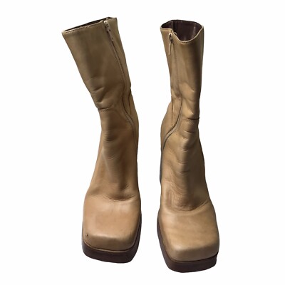 Candies 90 s Y2K Vintage Platform Chunky Leather Boot Side Zip Beige Women s 8.5