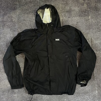 Men's Helly Hansen Black Hooded Full Zip Up Windbreaker Rain Coat Jacket Sz L