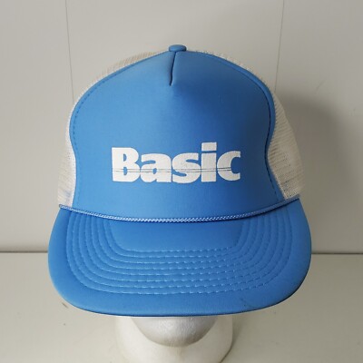 VTG Basic Spelled Out Logo Mesh Trucker Hat Snapback Cap Blue White