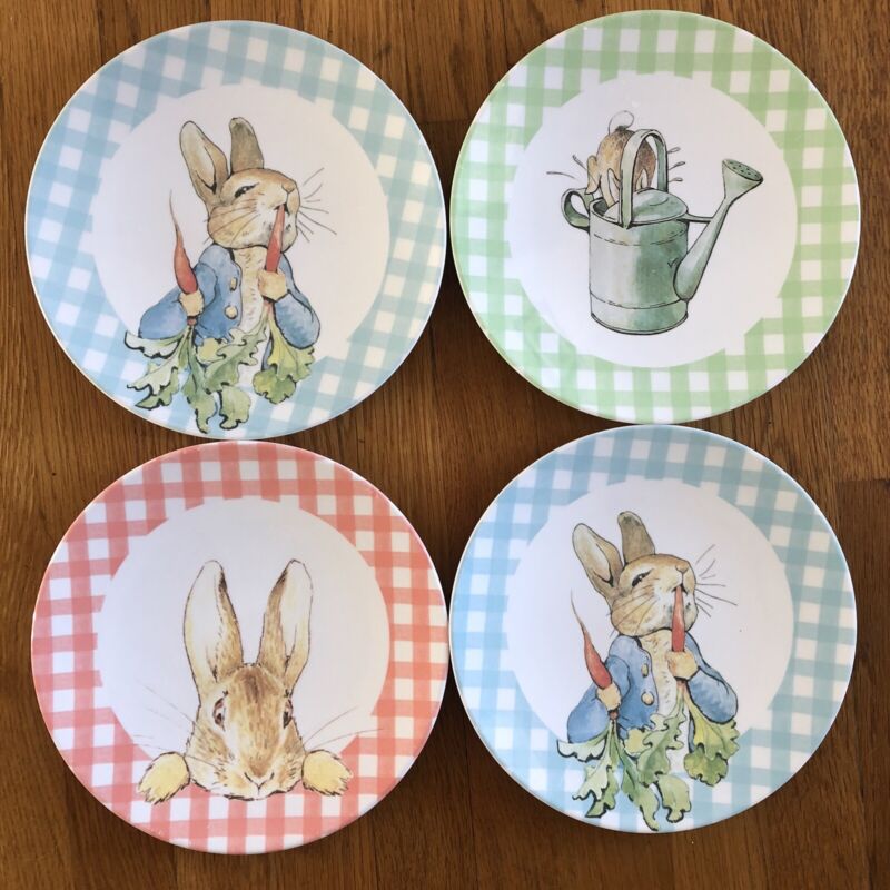 Pottery Barn Kids Beatrix Potter Peter Rabbit Set of 4 Melamine plates Gingham