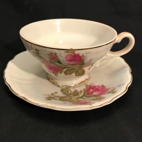 VINTAGE ANTIQUE PINK ROSE TEACUP AND SAUCER GOLD TRIM