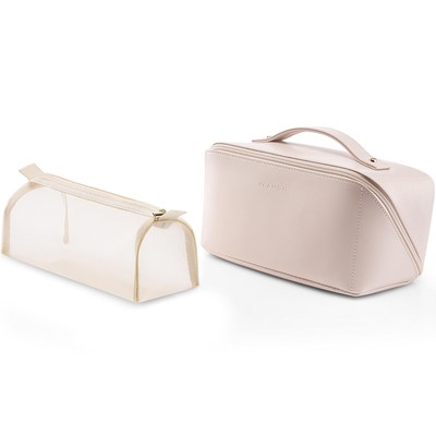 Makeup Travel Bag PU Leather Portable Make up Organizer Bag Open Flat Toiletr...