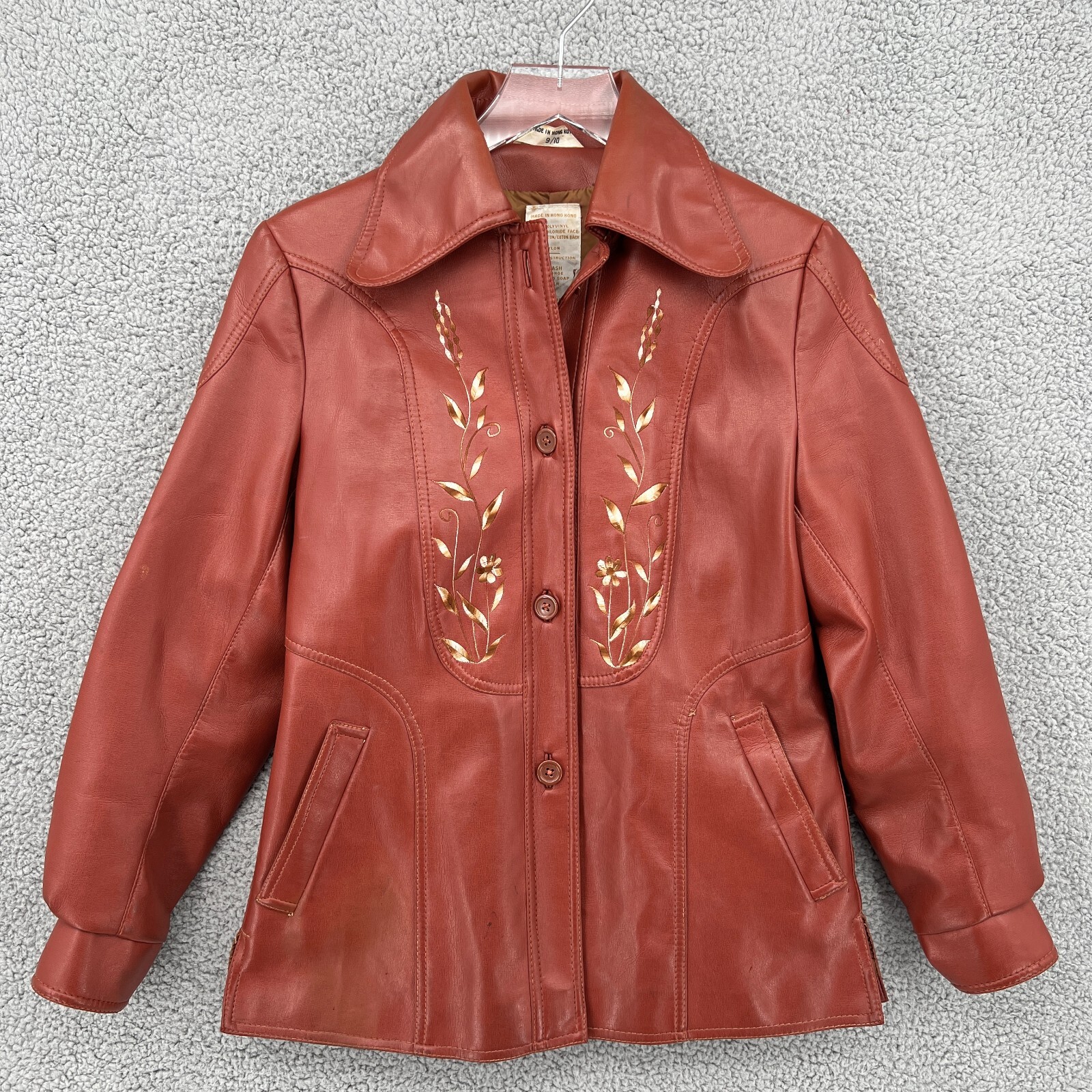 VINTAGE Jacket Womens Small Orange Vinyl Embroidered Floral