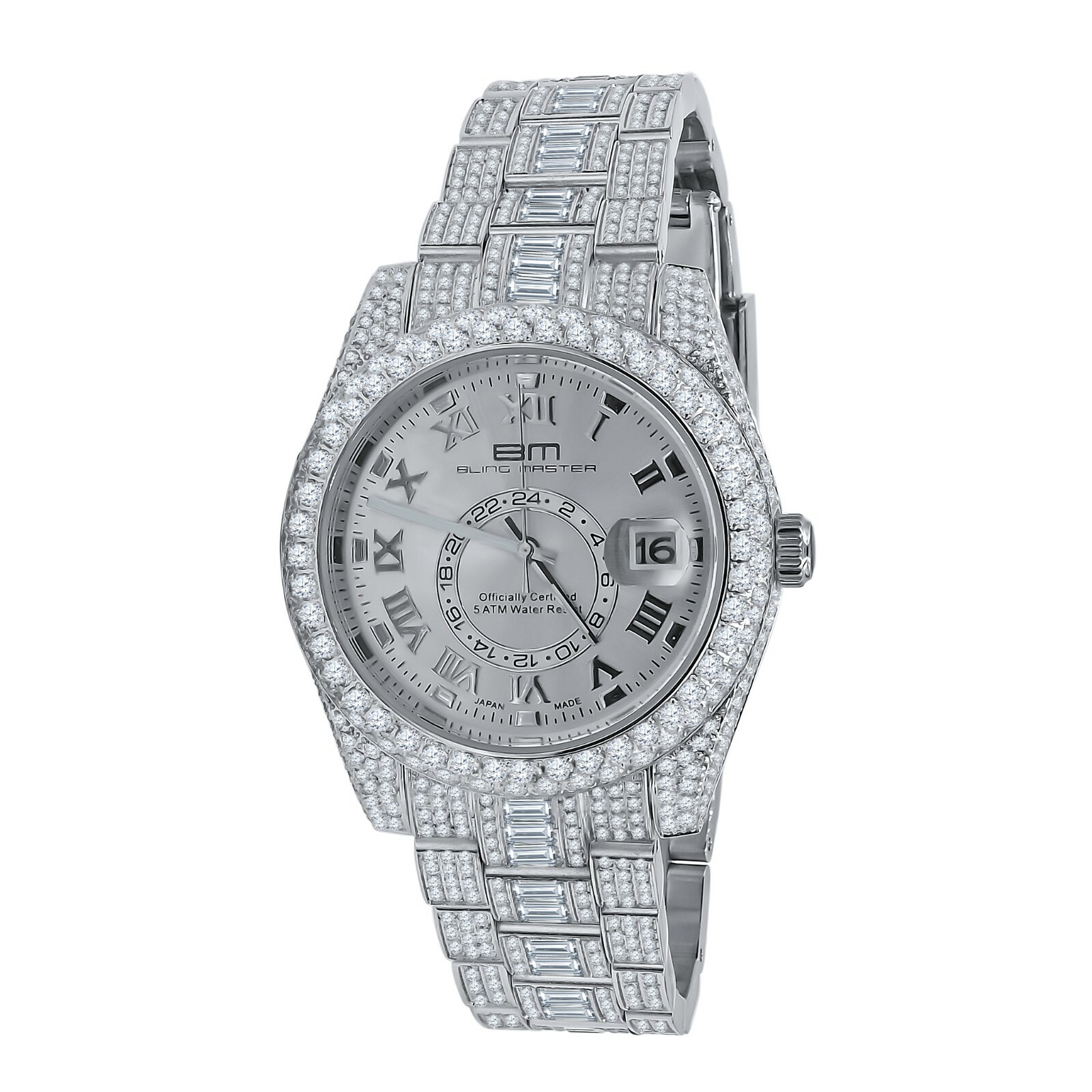 Pre-owned Bling Master - Knight Stainless Steel Men's 18k White Gold Finish Simulated Diamond Watch W/ Date 42mm