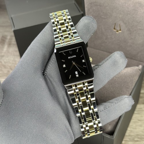 Pre-owned Bulova New✅  Quadra Diamond Date Black Dial Rectangle Two Tone Men's Watch 98d153