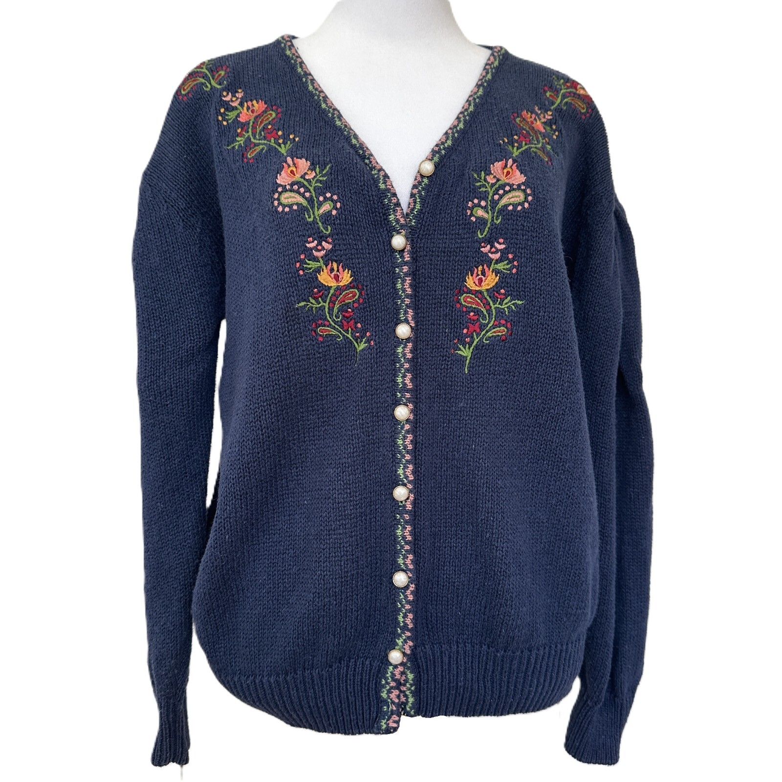 Vintage Sweater Floral Embroidered Cardigan Button Front