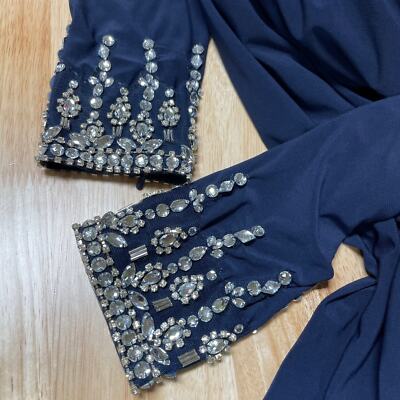 Pre-owned Mac Duggal Off-the-shoulder Jersey Gown Jewel Accented Cuff Size 6 Blue