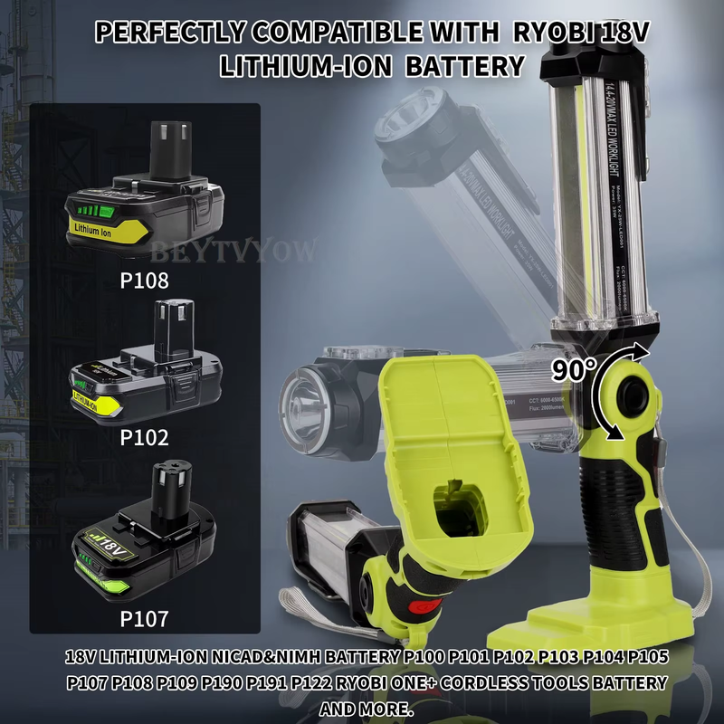 25W 2000LM Cordless Flashlight for Ryobi 18v Battery Portable LED Work Light wit