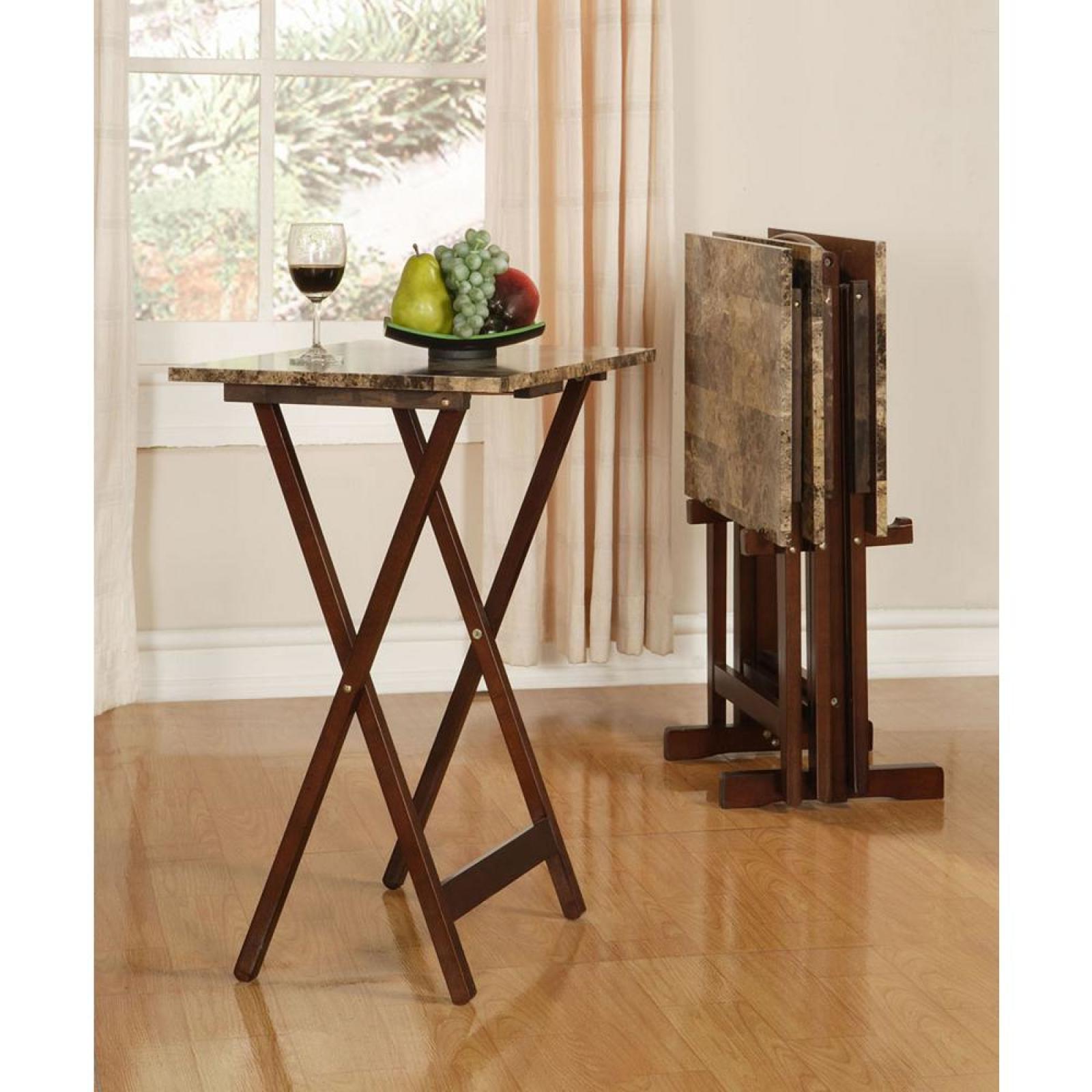 Details About Tray Table Set Faux Marble Brown Tv Dinner Living Room Folding Linon Home Decor