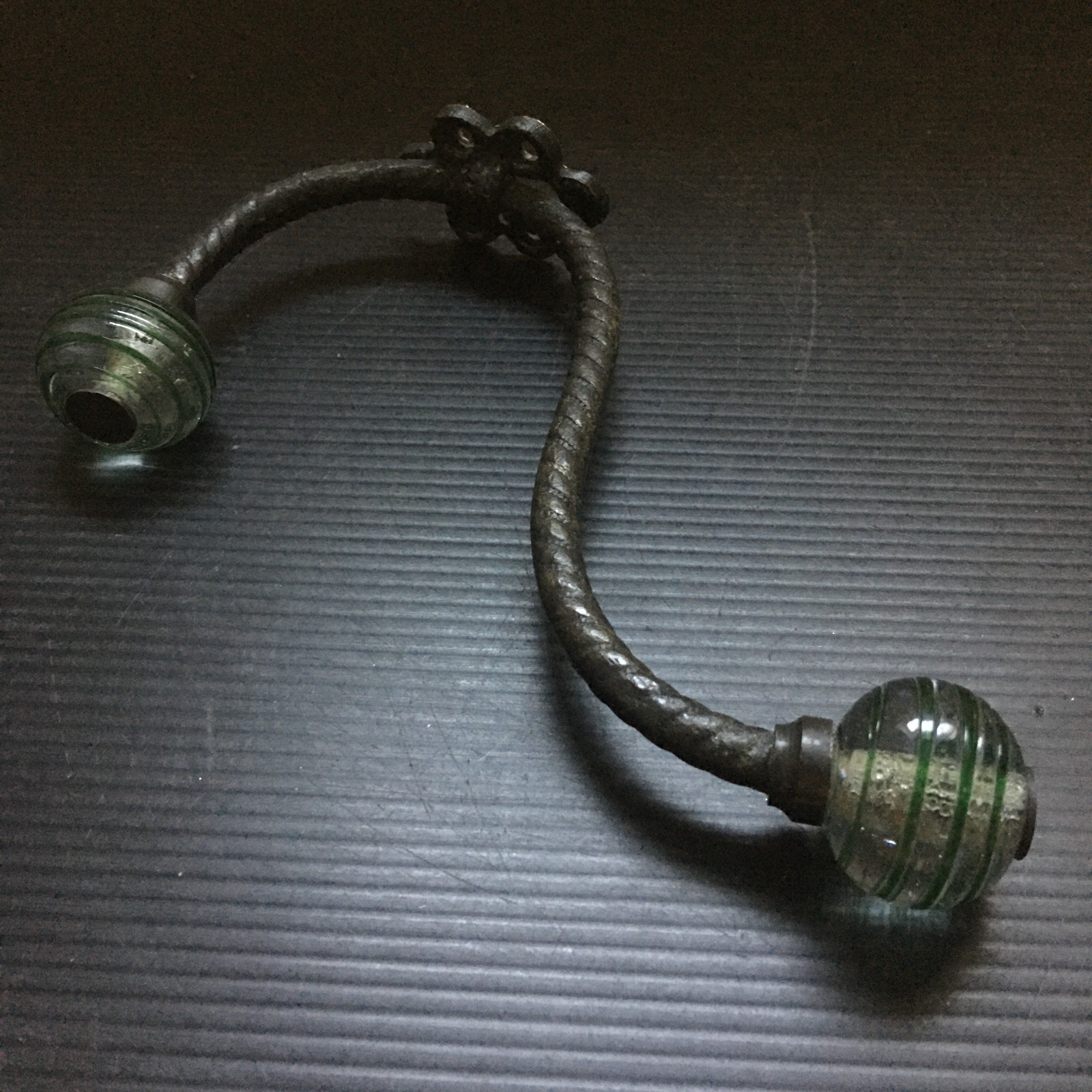 Vintage Bronze Curved Hook with Ornate Green Ribbed Glass Knobs 8
