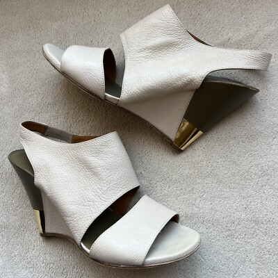 Chloe Estel Tan Leather Wedge Slingback Sandals Gold Accent Women s EU 38 US 7.5