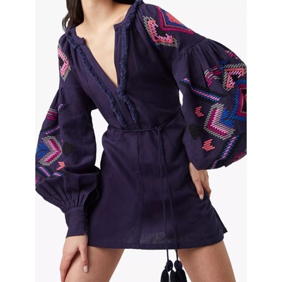 French Connection Alotta Linen Blend Embroidered Mini Dress Sz 2 Blue Boho NEW