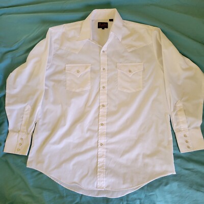 Plains Western Wear L Shirt Pearl Snap White Longsleeve Pockets 