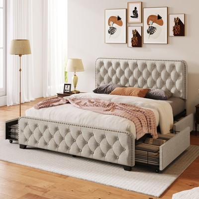 With 4 Drawers Tufted Headboard & Footboard
