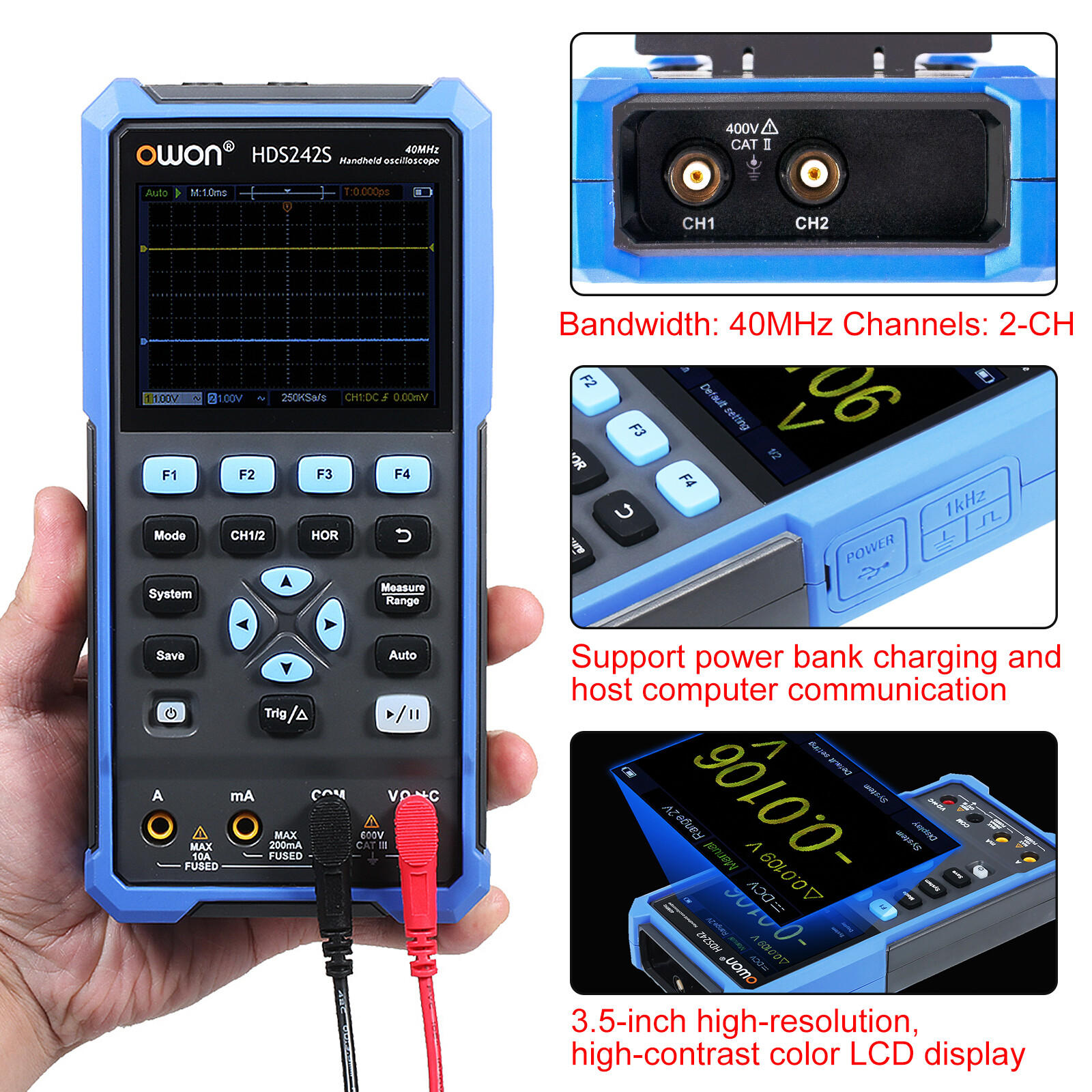 OWON HDS200 Series Handheld Digital Oscilloscope 2CH+1CH Waveform Generator USB