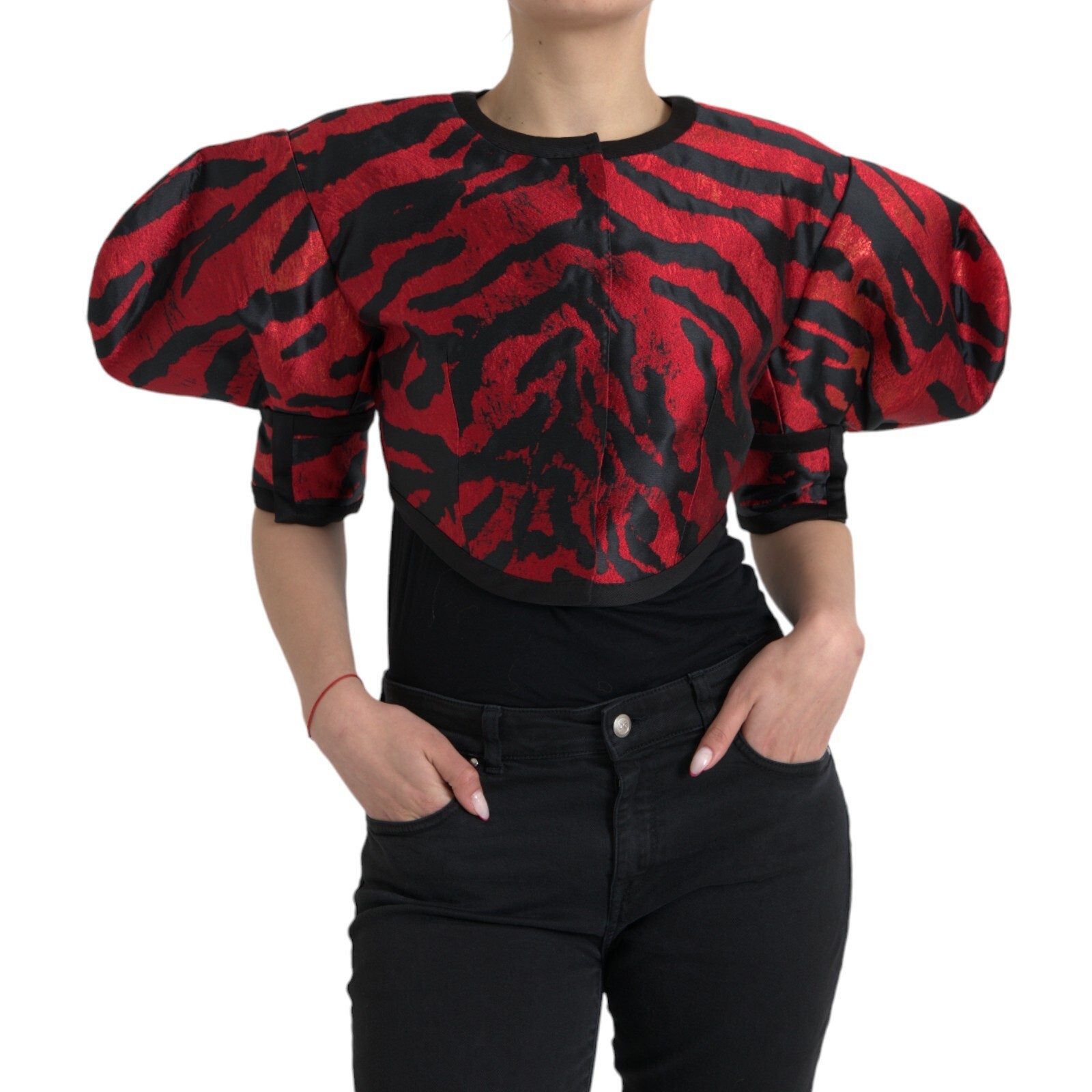 DOLCE & GABBANA Jacket Black Red Patterned Cropped Coat IT42