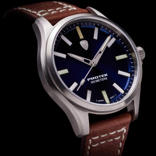 Pre-owned Protek Unisex Watch Field Series Japanese Quartz Blue Dial Leather Strap 3003