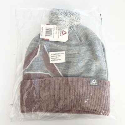 New REEBOK Women s Light Grey & Pink Logo Intarsia Pom-Pom Beanie Hat