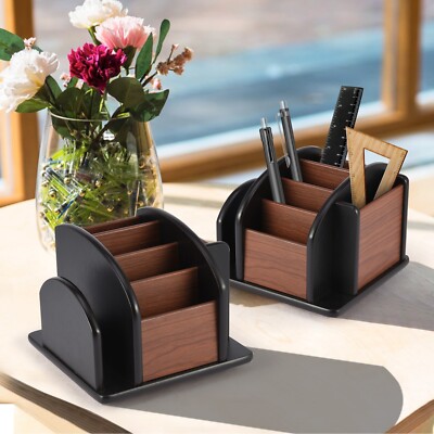 2pcs Desk Storage Organizer Office Supplies Wooden Large Rotating