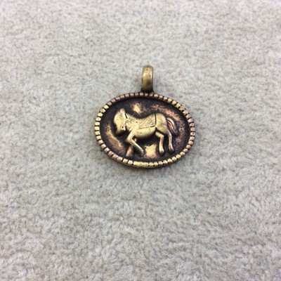 Oxidized Gold Plated Rustic Cast Donkey/Mule Icon Oval Pendant - 19mm x 24mm