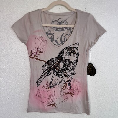 Key Closet Shirt Womens Medium Owl Floral Swarovski Crystal Rhinestone Bird Top
