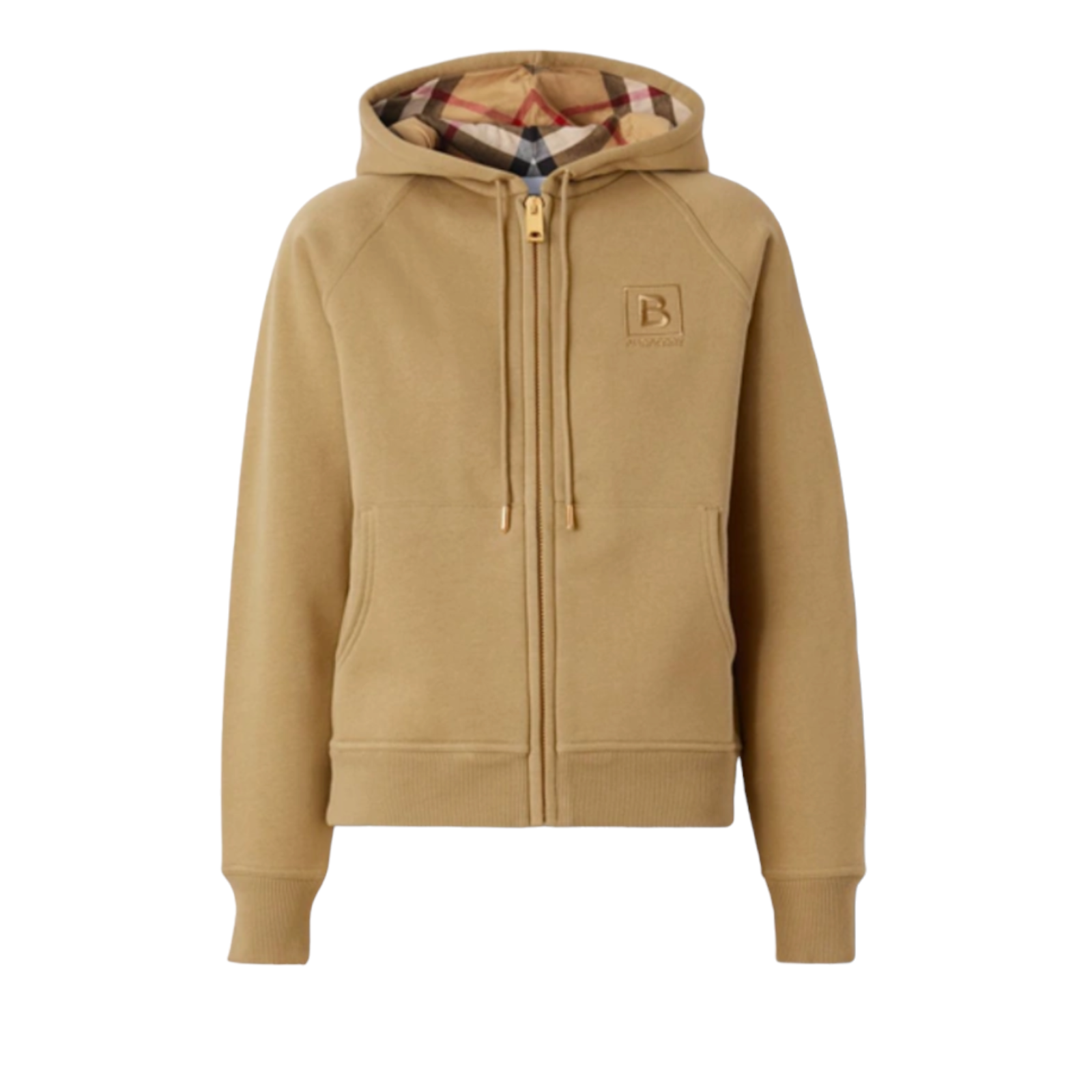 Pre-owned Burberry Women Letter Graphic Check Trim Cotton-blend Zip Hoodie, Honey In Yellow