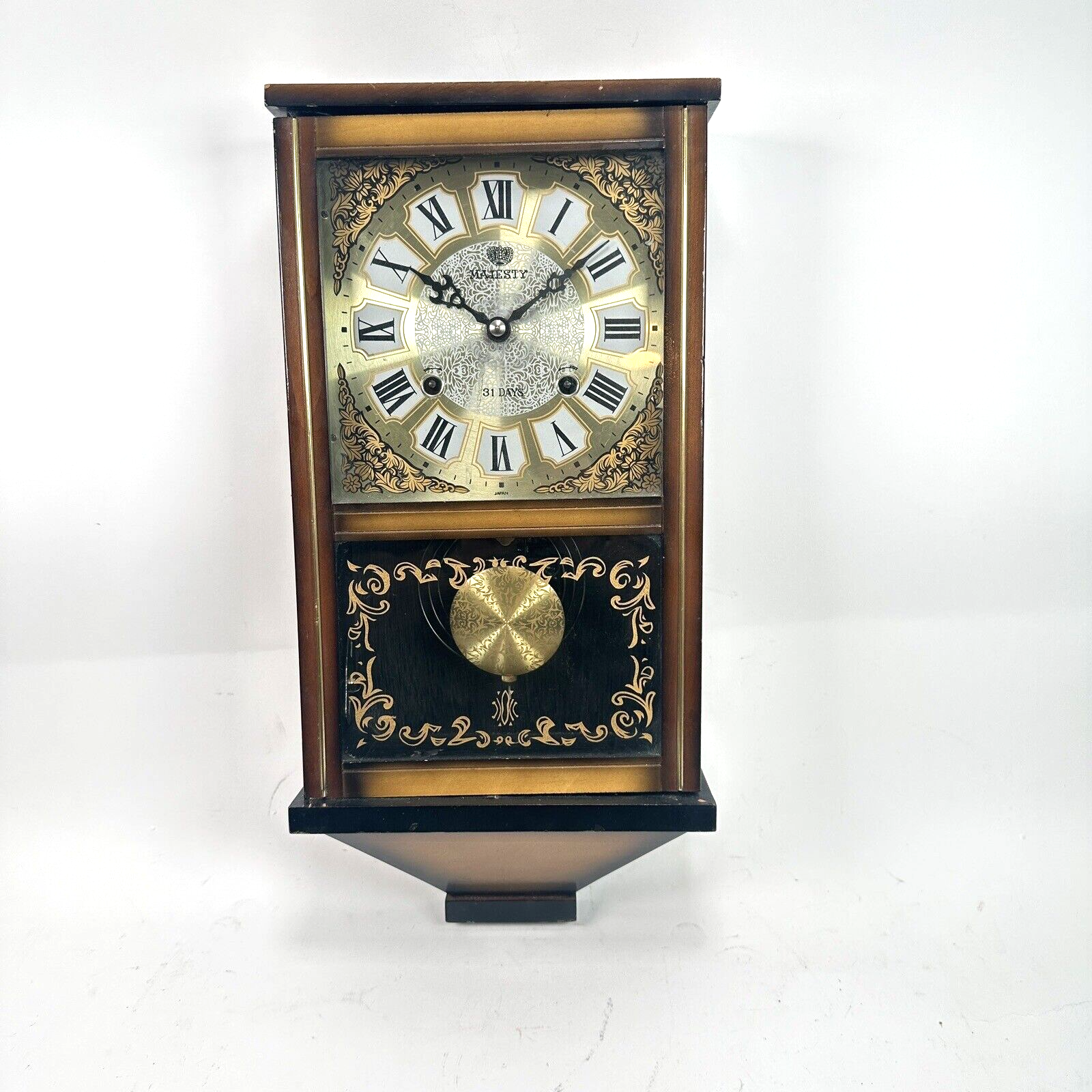 MAJESTY 31 Day Wooden Wall Clock Key Wind Pendulum Gong Chime SEE VIDEO Vintage