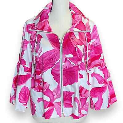 A La Carte Jacket Tropical Floral Lightweight Zip Up 3/4 Sleeve SZ L Pink White