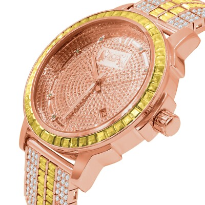 Pre-owned Ice House Solid Steel Bezel Watch Rose Gold Real Diamond Dial Custom Band Canary W/date