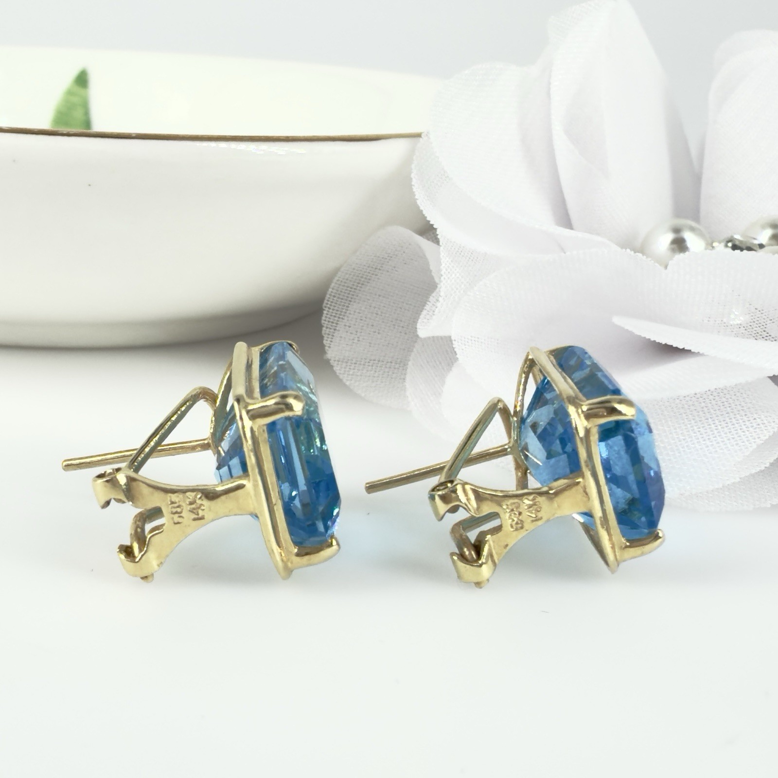 14k Yellow Gold Swiss Blue Topaz Omega Back Earrings, Preowned - Picture 5 of 12