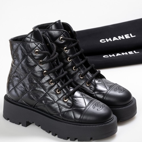 CHANEL Women Ankle Boots Black Leather Lace Up Round Toe