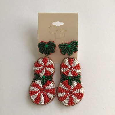 Christmas Earrings NEW Caroline Hill Peppermints Statement Pierced Beaded Light
