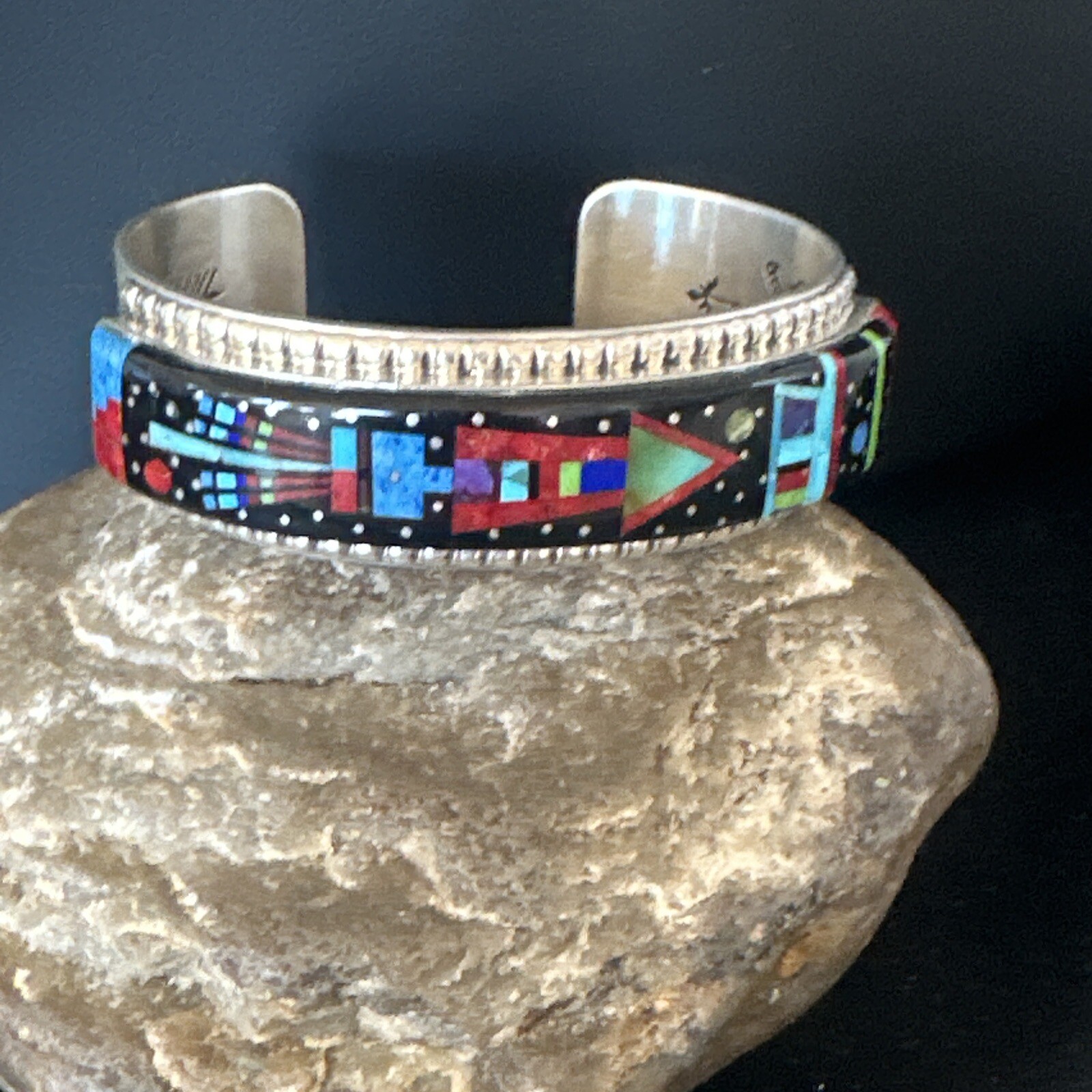 Mens Navajo Black Onyx Coral Turquoise Sterling Silver Cuff