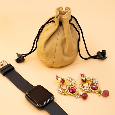 Women's Soft 100%Leather Drawstring Pouch,Spring Locks Coin Purse Wrist Purse