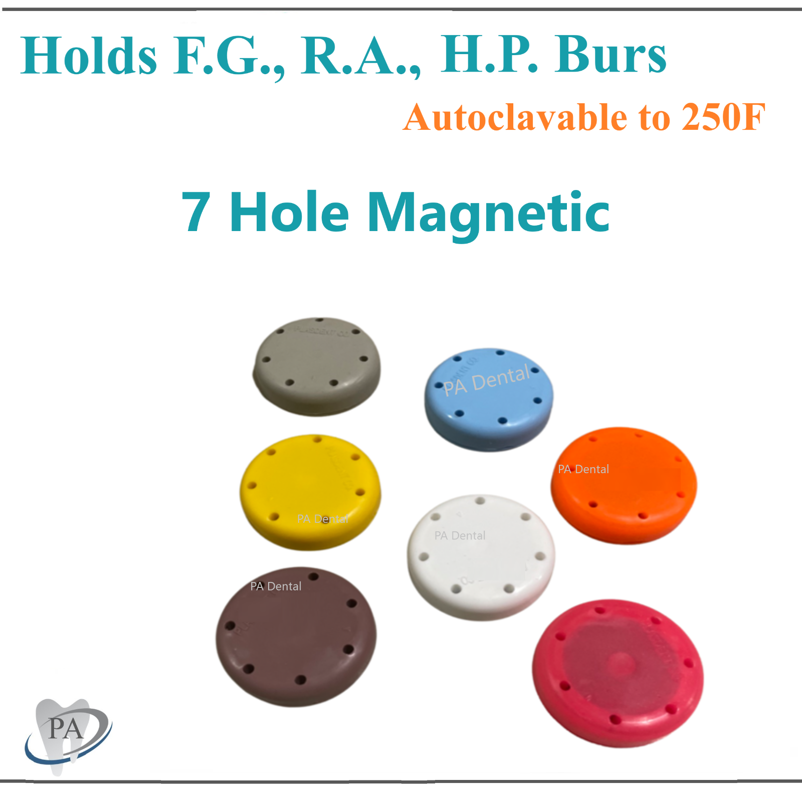 Round Magnetic Dental Lab Bur Block Holder, Holds 7 Burs FG, RA, Autoclave 250F