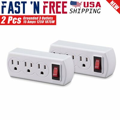 2x 3 Prong Grounded AC Power Wall Tap 3 Outlets w/ ON / OFF Switch Button