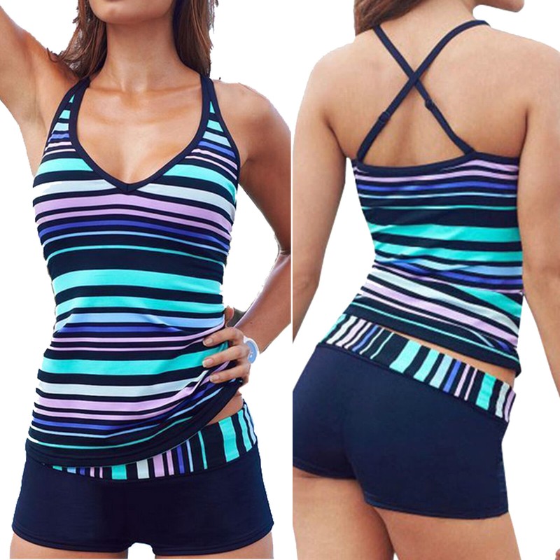 Damen Tankini Set Bikini Bademode Sport Boxershorts Badeanzug Badebekleidung