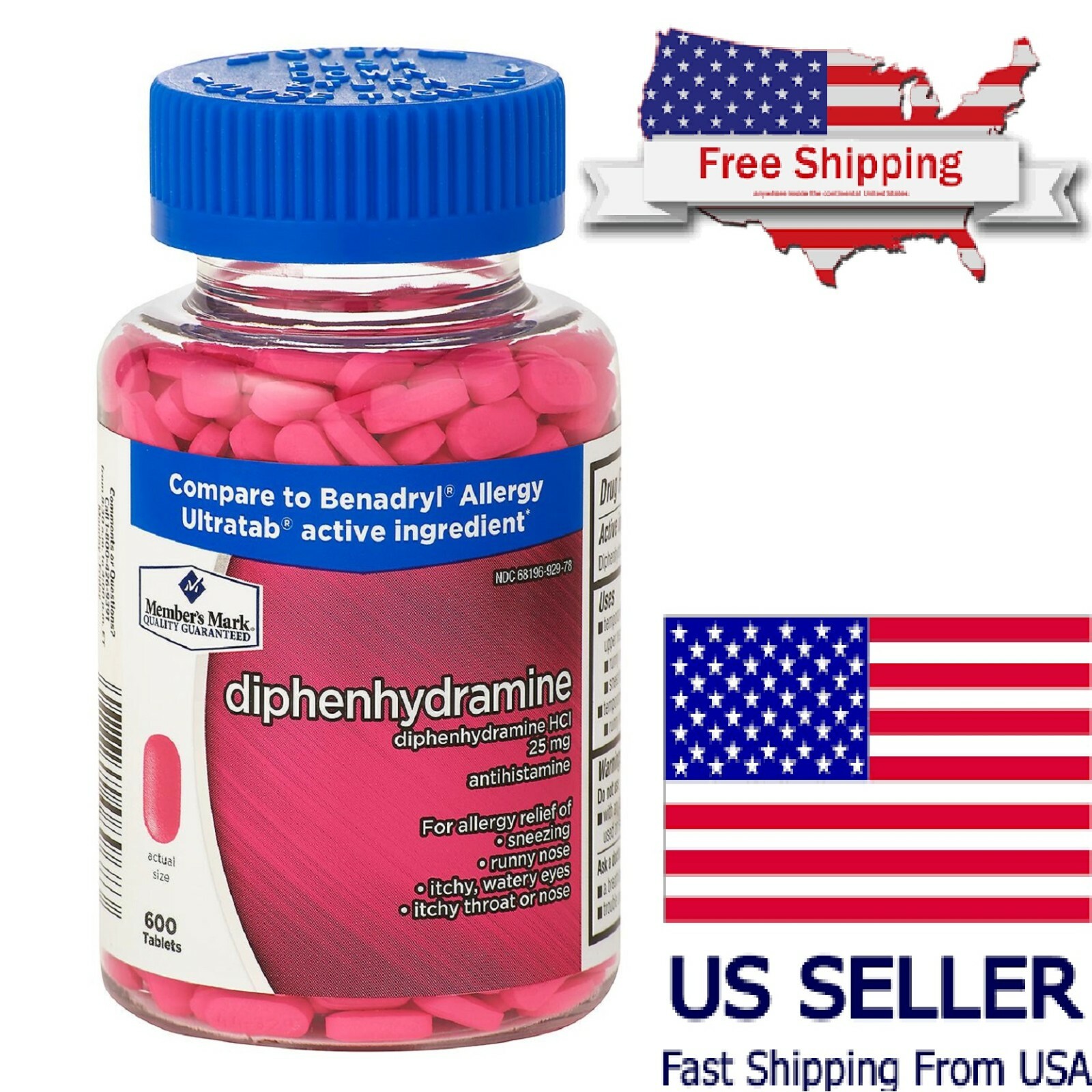 Members Mark Diphenhydramine Generic Benadryl 25 mg. Allergy Pills