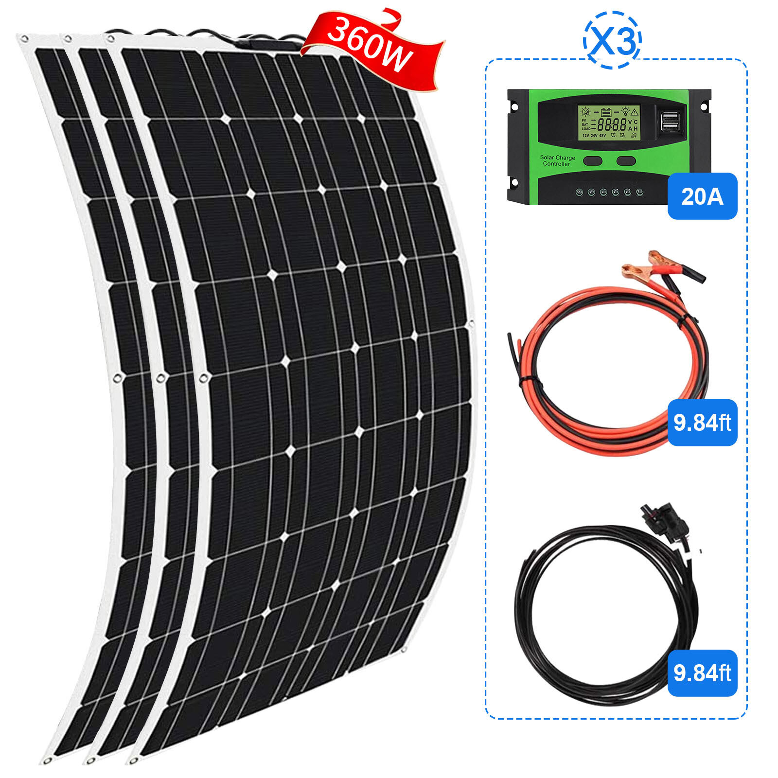 120W/240W/360W 248° Flexible 12V Monocrystalline Solar Panel Kit For Home RV