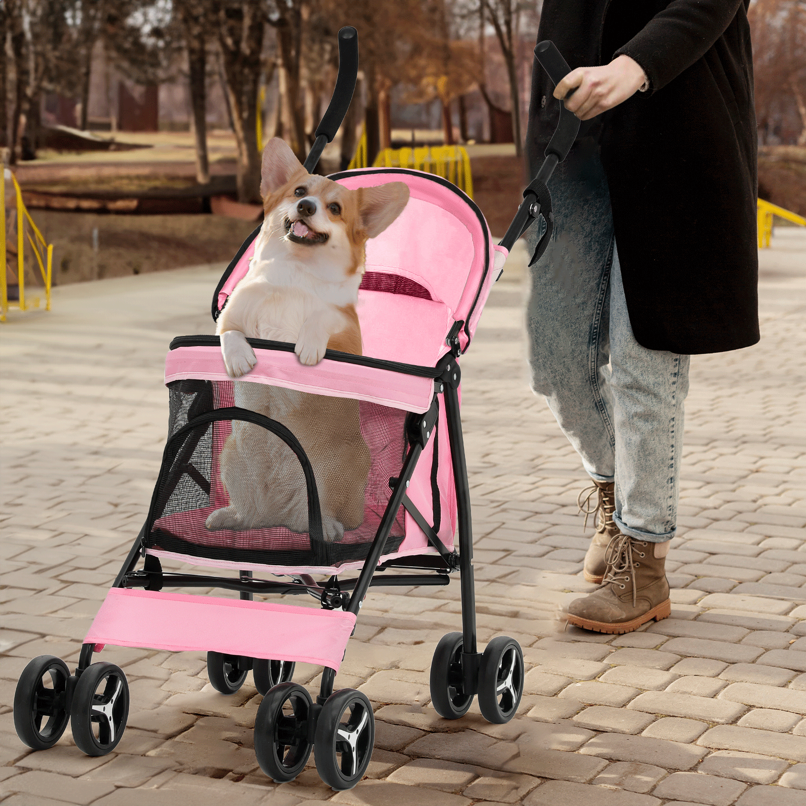 Pink Foldable Dog Stroller Adjustable Canopy Breathable Pet Travel Carrier Cart
