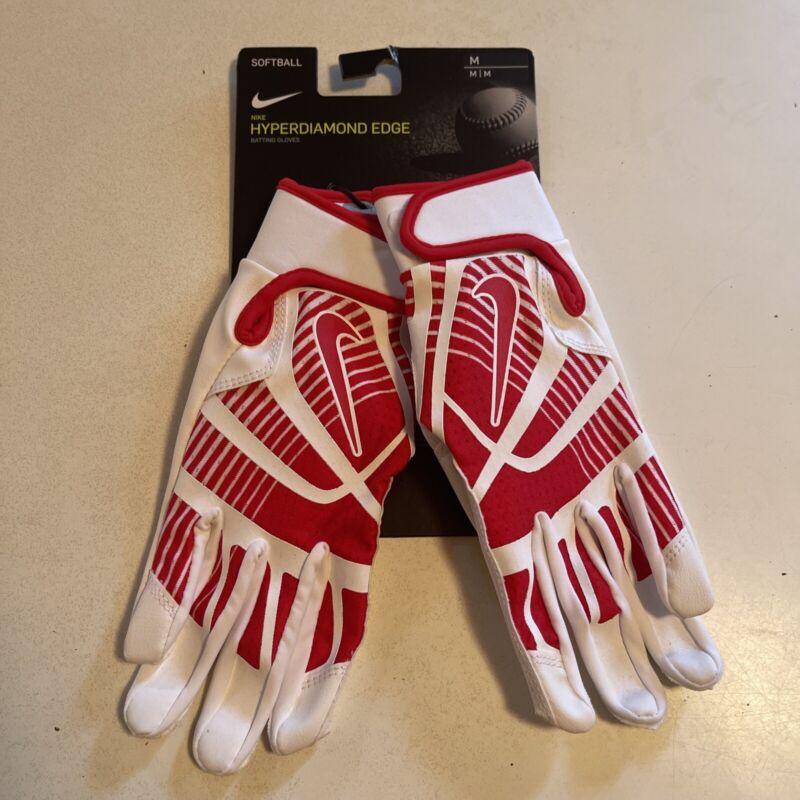 New Nike HYPERDIAMOND EDGE Softball Batting Gloves Red White 85897 Unisex Sz M