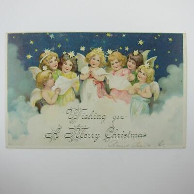 Christmas Postcard Cherub Angels Children in Clouds Starry Sky Antique 1908