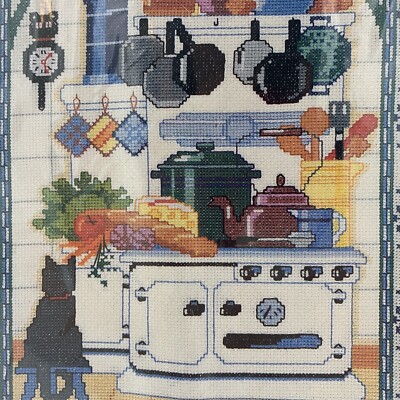 Sunset Cross Stitch Kit Cat in Kitchen Delight Stove Vegetables Fruit Border NOS