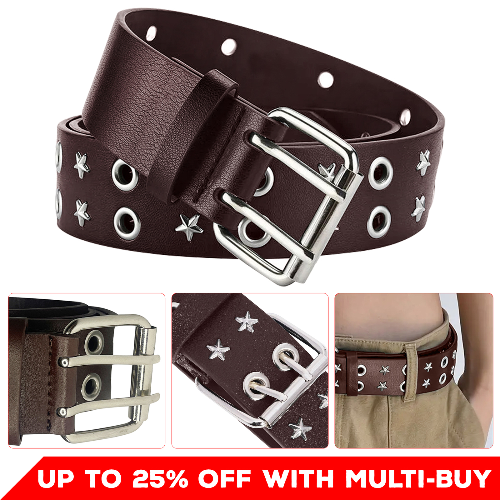 Mens Womens Belt Gothic Star Eyelet Studded Biker Fashion Punk PU Leather Belt