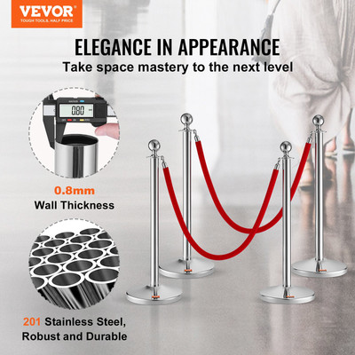 VEVOR Stanchion Post with Velvet Rope, 4-Pack Crowd Control Stanchion with 2PCS