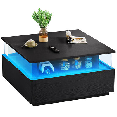 LED Coffee Table with 2 Drawers Wooden Center Cocktail Table for Living Room