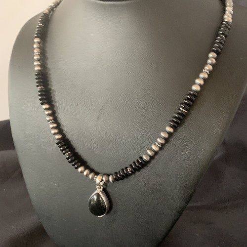 Pre-owned Handmade Mens Black Onyx Pendant Navajo Pearls Sterling Silver Necklace 11906