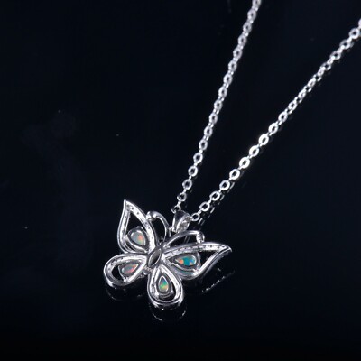 Pre-owned Jewe2004 Solid 14k White Gold Colorful Opal Butterfly Pendant Necklace With Chain 18 Inch