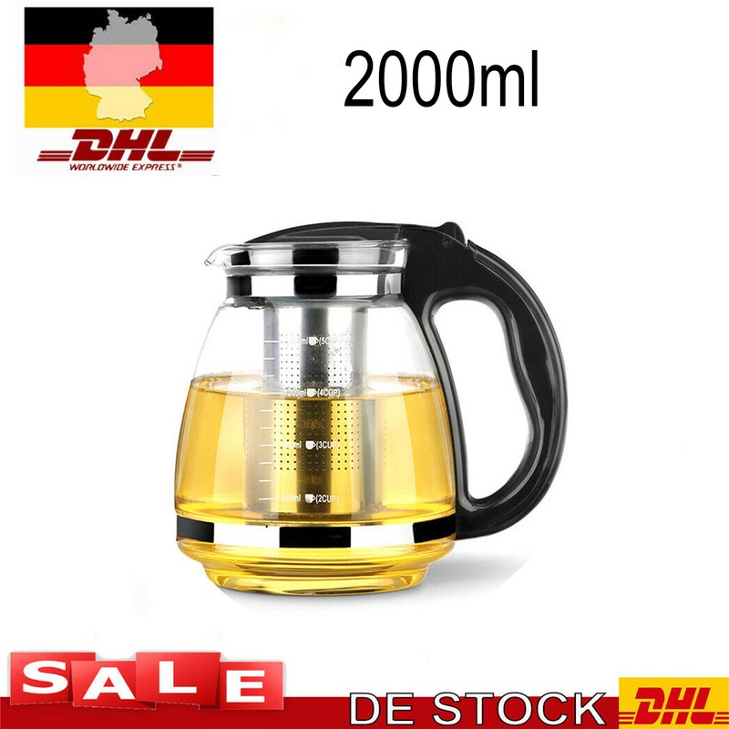 2000ml Teekanne Glas Deckel Teebereiter Glaskanne Teegeschirr Edelstahl Sieb DE